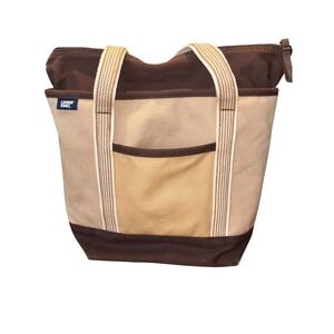 Lands End Canvas Zip Top Tote Bag Brown Tan Medium Travel Beach Carryall